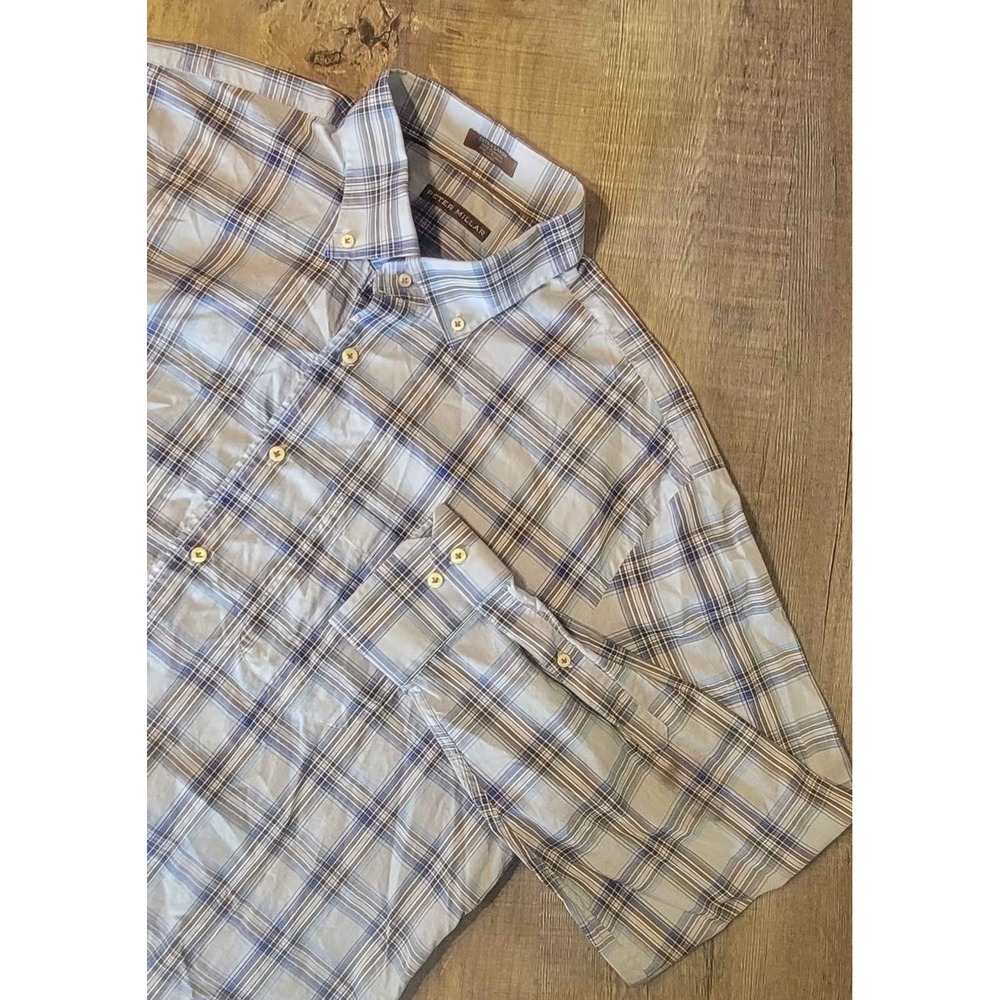 Peter Millar Mens XL Blue Plaid Button Down Long Sleeve Cotton Shirt